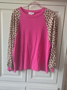 Lovely Melody Hot Pink Waffle Knit Sweater with Leopard Raglan Sleeves